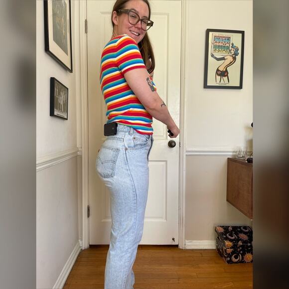 90s/Y2K Vintage Rainbow striped short sleeved sweater with square neckline - Picture 3 of 7